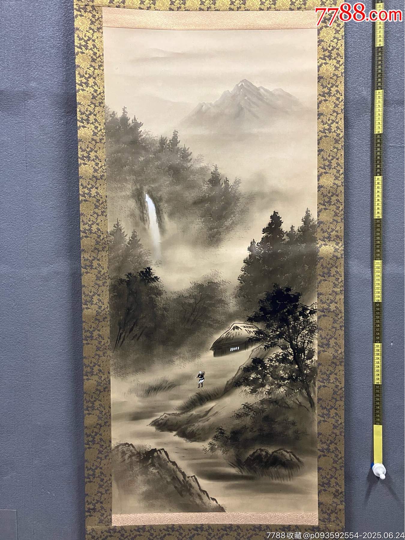 溪月，水墨山水画中堂《溪村飞瀑图》国画书法古玩字画装饰挂画