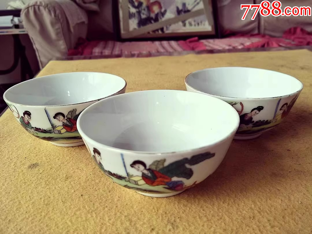 清代景德镇瓷，粉彩仕女图碗3个-彩绘瓷/彩瓷-7788旧书网