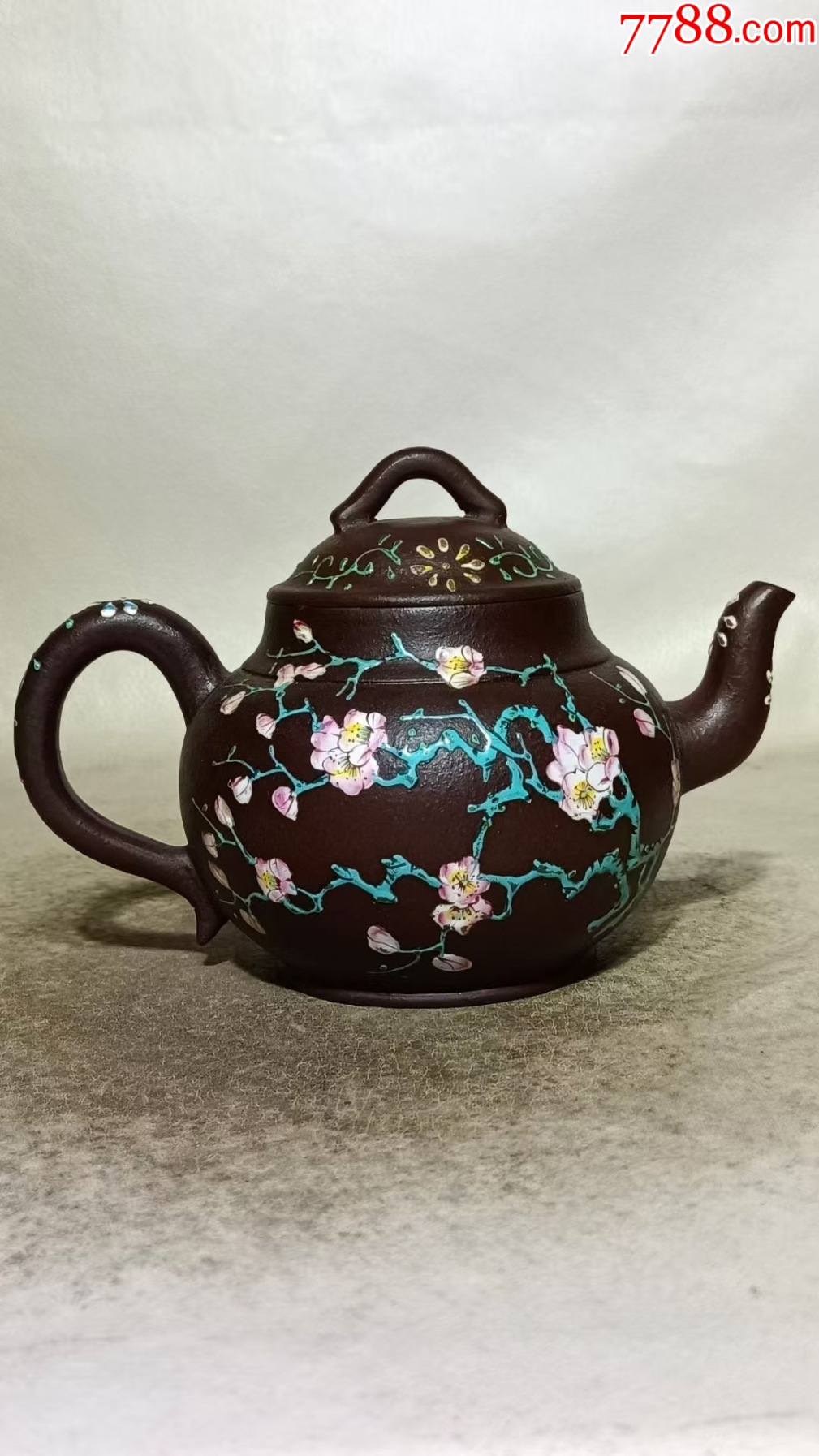 浙甯玉成窑造紫砂加彩花鸟纹紫砂壶目测500㏄以上，直径18.7高12厘米_