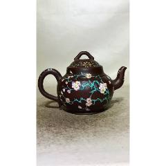浙甯玉成窑造紫砂加彩花鸟纹紫砂壶目测500㏄以上，直径18.7高12厘米_