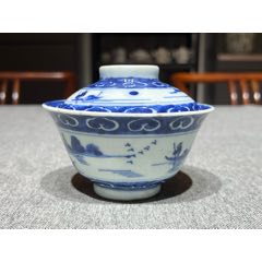 中国美術 青花 山水舟紋 盤 φ20.5cm 嘉慶年製(K-LC657) 中国美術 青花 山水舟紋 盤 φ20.5cm 嘉慶年製(K-LC657)