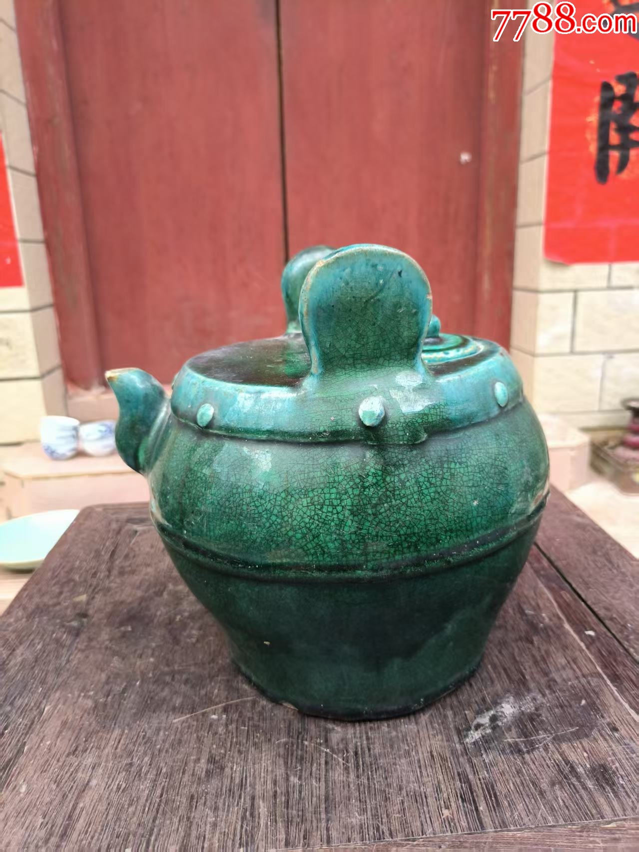 一个清代老石湾绿釉大茶壶-绿陶-7788红宝书