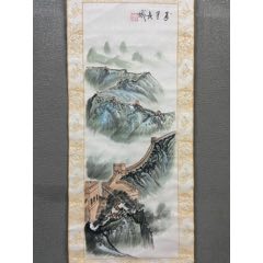 中艺，八十年代布画《万里长城图》国画书法古玩字画装饰挂画。布底挂轴