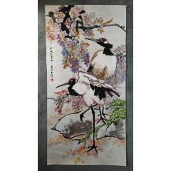 B48886号国画100×50cm作者：陈世中国画写意花鸟丹顶鹤紫藤双鹤图
