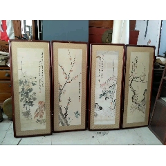 清代名家手绘书房中堂四条屏-花鸟国画原作-7788红宝书