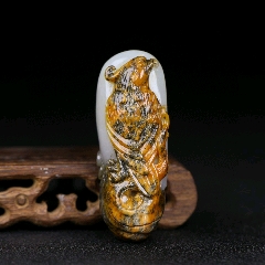 中国文玩 和田黄玉「元宝童子」６２ｍｍ 天然黄龙玉十二生肖狗玉吊坠和田玉鼠牛虎兔龙蛇