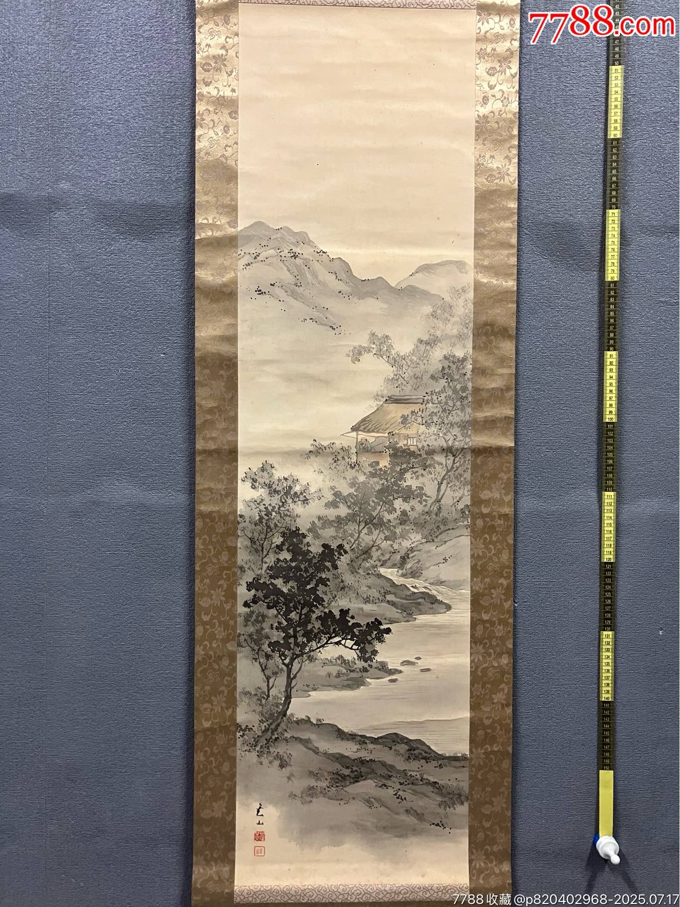 閑】中国 掛軸 藍林書画『山水風景人物文』肉筆☆時代物☆A0803□