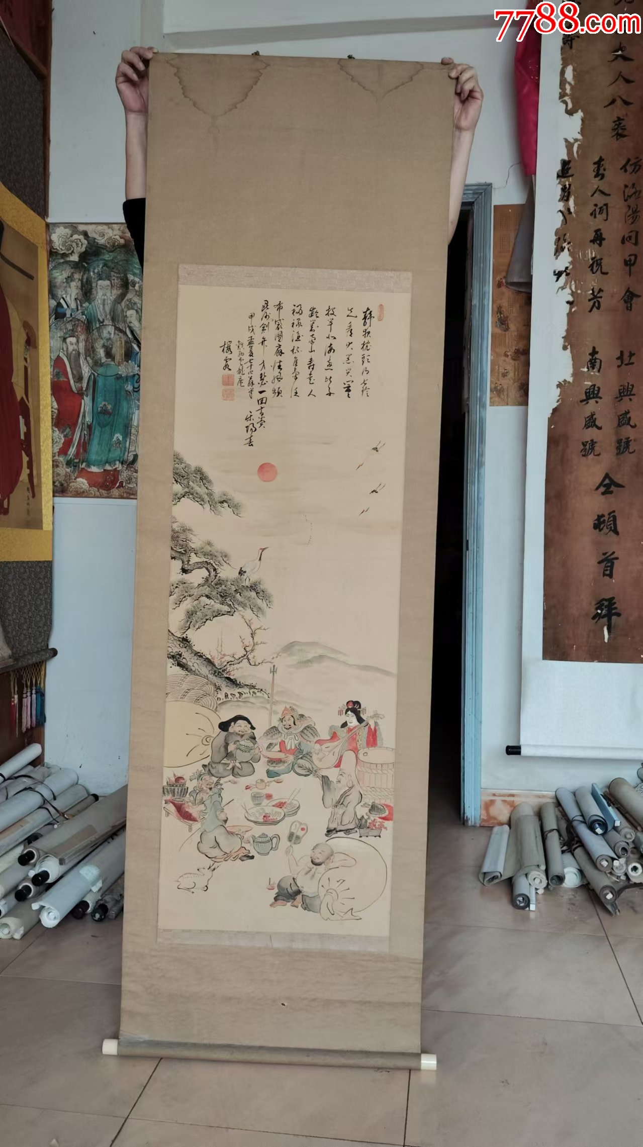 画心长120宽43厘米，民国手绘人物画国画老绢画七个神仙聚会_人物国画