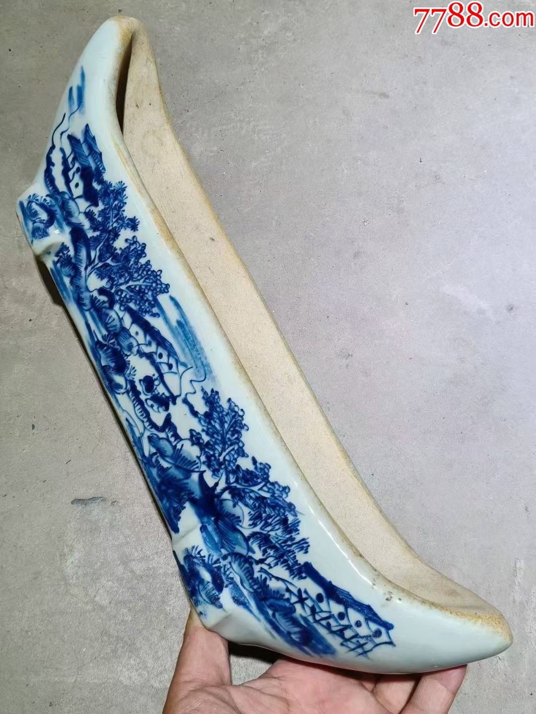 清代青花山水人物药碾子，长40厘米-青花瓷-7788铜炉收藏