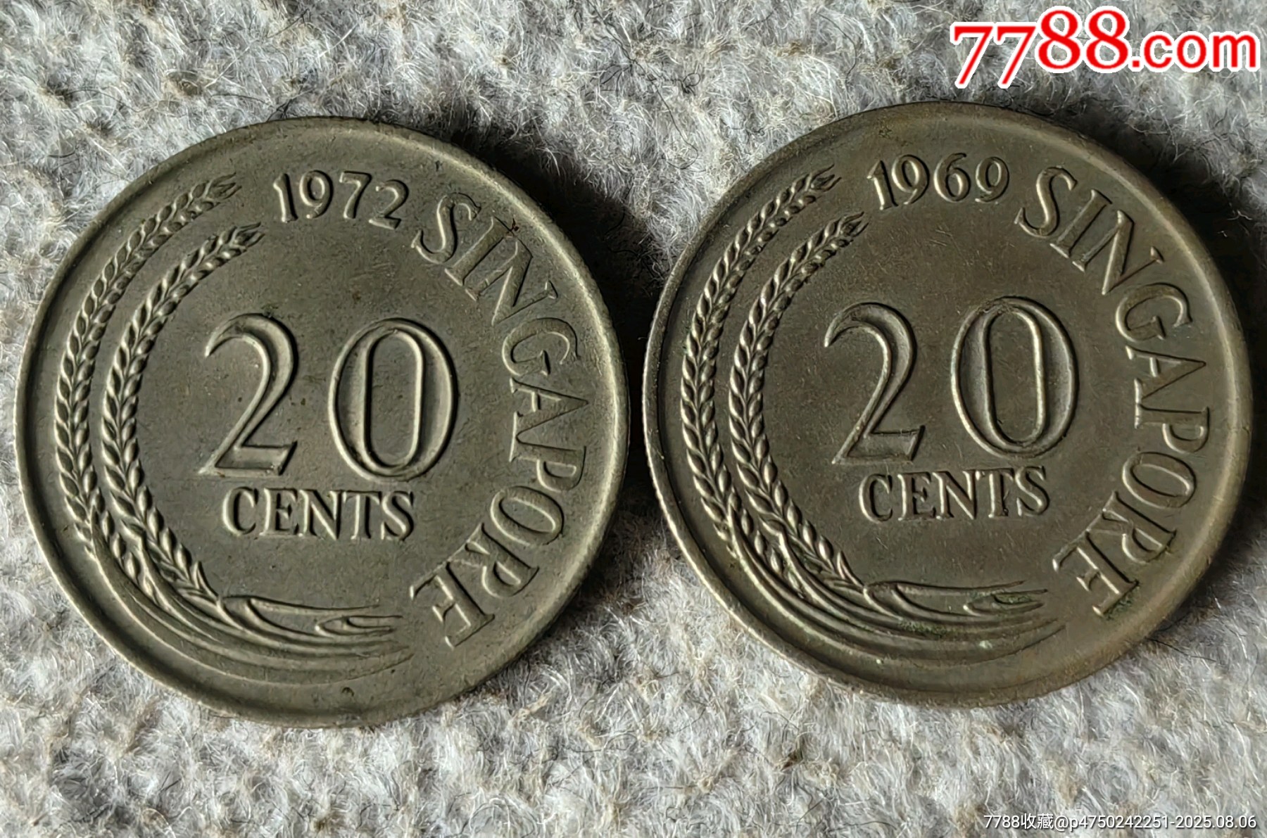 1969、1972年新加坡20分硬币各一枚，包老保真，背面海豚-其他亚洲钱币-7788红宝书