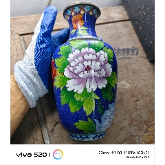 七八十年代高15.2厘米出口的铜胎掐丝珐琅彩/景泰蓝花鸟图花瓶一对