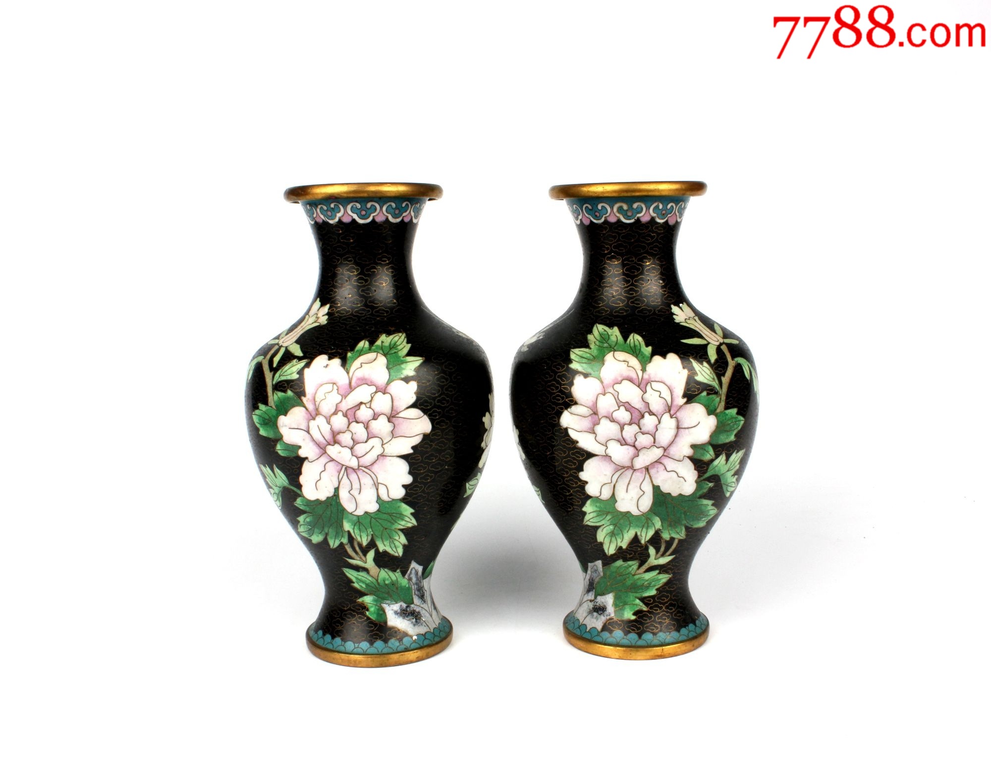 景泰蓝牡丹纹花瓶一对