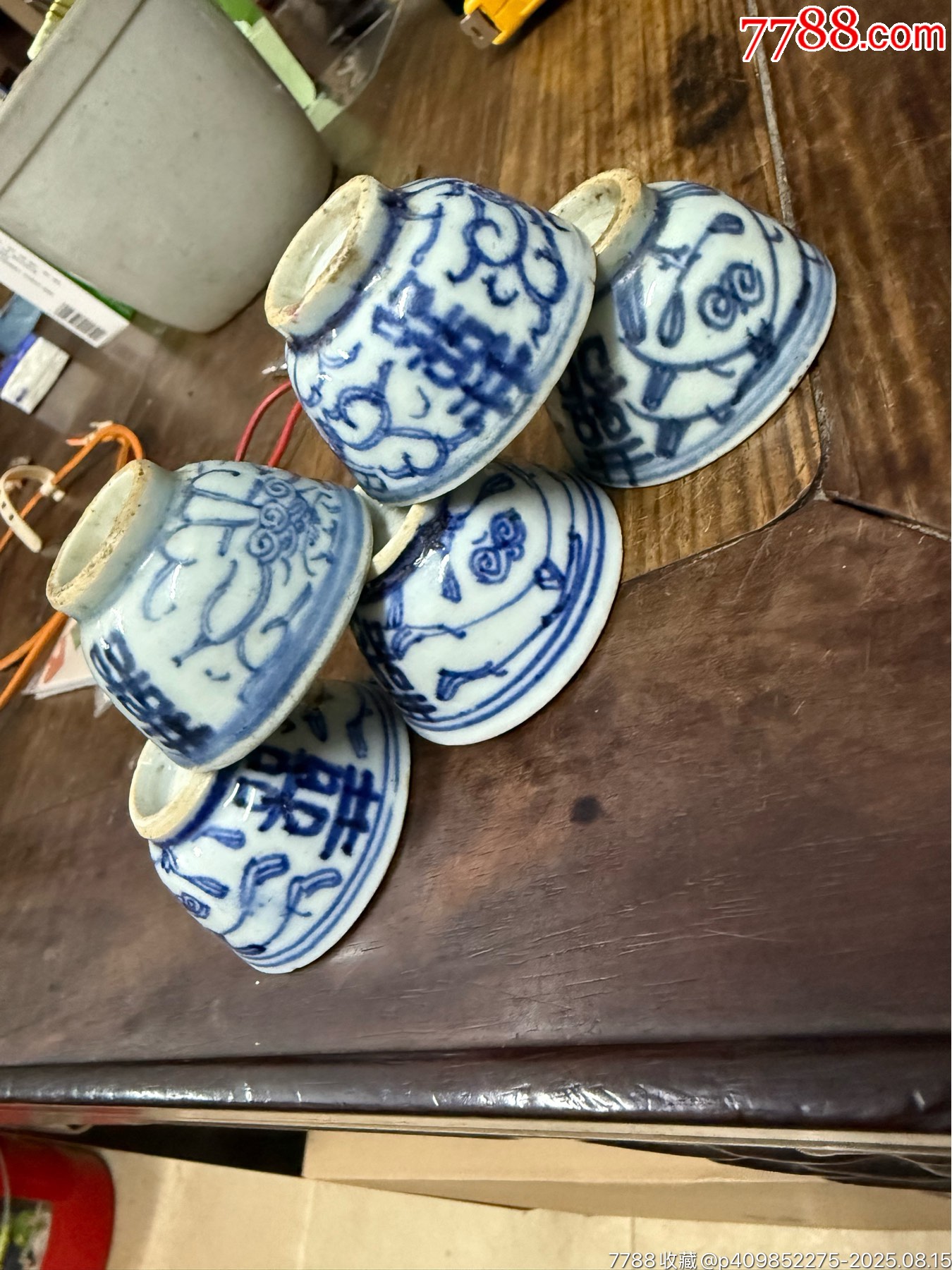 清代青花缠枝莲纹喜字杯五个，其中三个全品-青花瓷-7788文玩