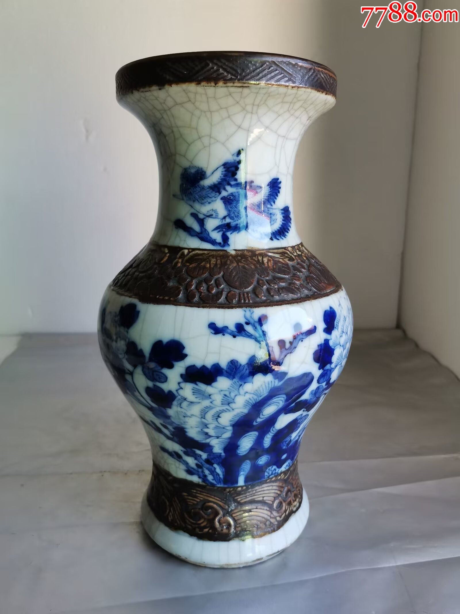 中国　青釉　花文瓶 　C　R3564 清中晚哥釉青花花鸟盘口瓶_青花瓷_图片欣赏_收藏价格_7788连环画