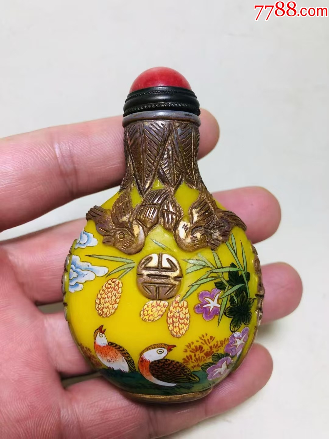 清料器彩绘花鸟浮雕描金鸳鸯鼻烟壶-鼻烟壶-7788红宝书