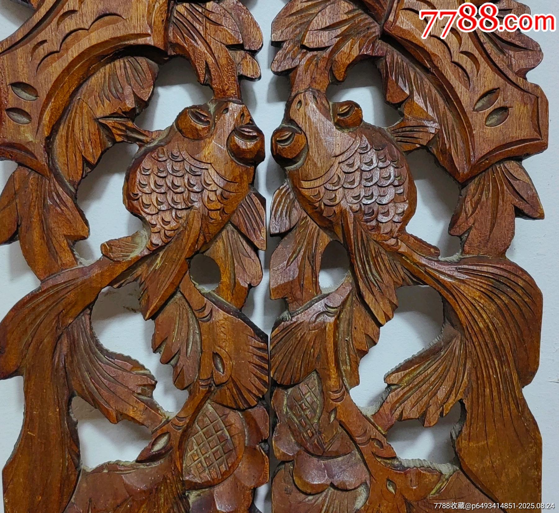 老木雕年年有余花板一对,金鱼花板,实木镂空雕,工艺精美,寓意好,_木雕花板_图片鉴赏_收藏价值_7788古籍收藏