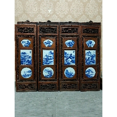 红木镶瓷板画粉彩人物渔樵耕读四条挂屏_瓷板画_紫苑淘【7788旧书网】