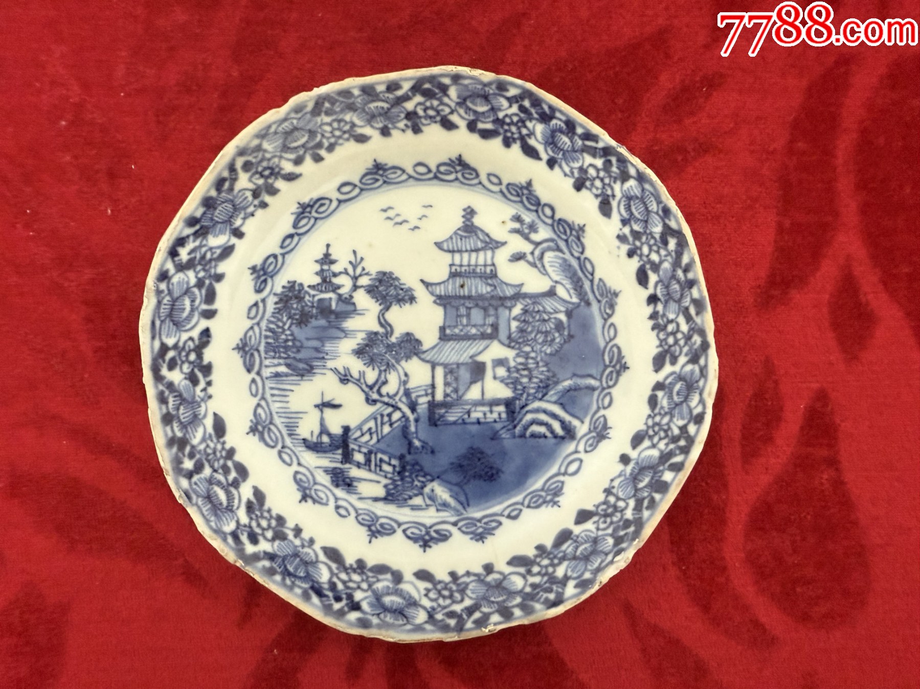 盘收藏】清乾隆手绘青花山水楼阁图盘（以图为准）-青花瓷-7788红宝书