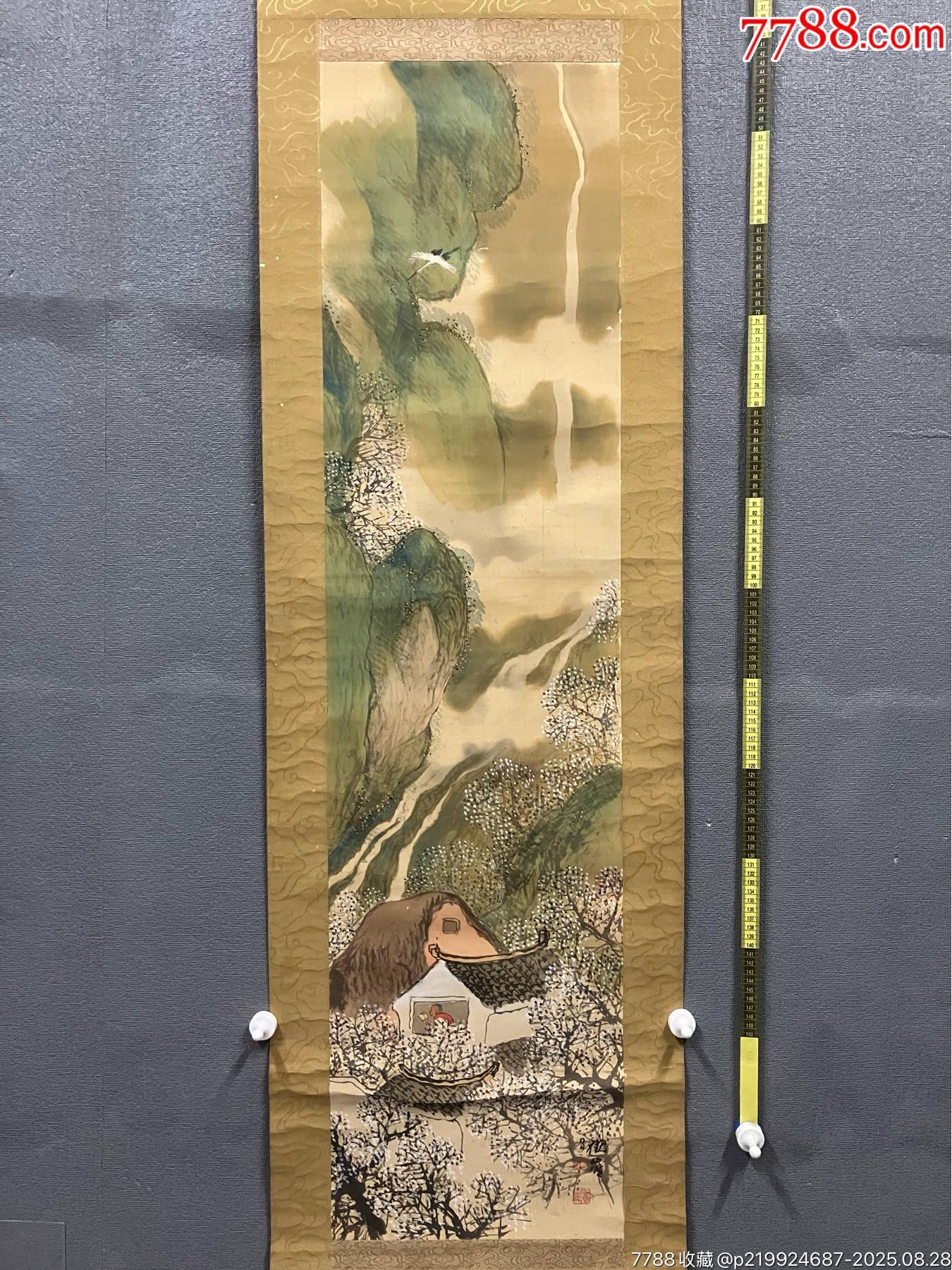 高仓观崖，民国时期青绿山水《梅花书屋图》国画书法手绘字画。绢本绫裱