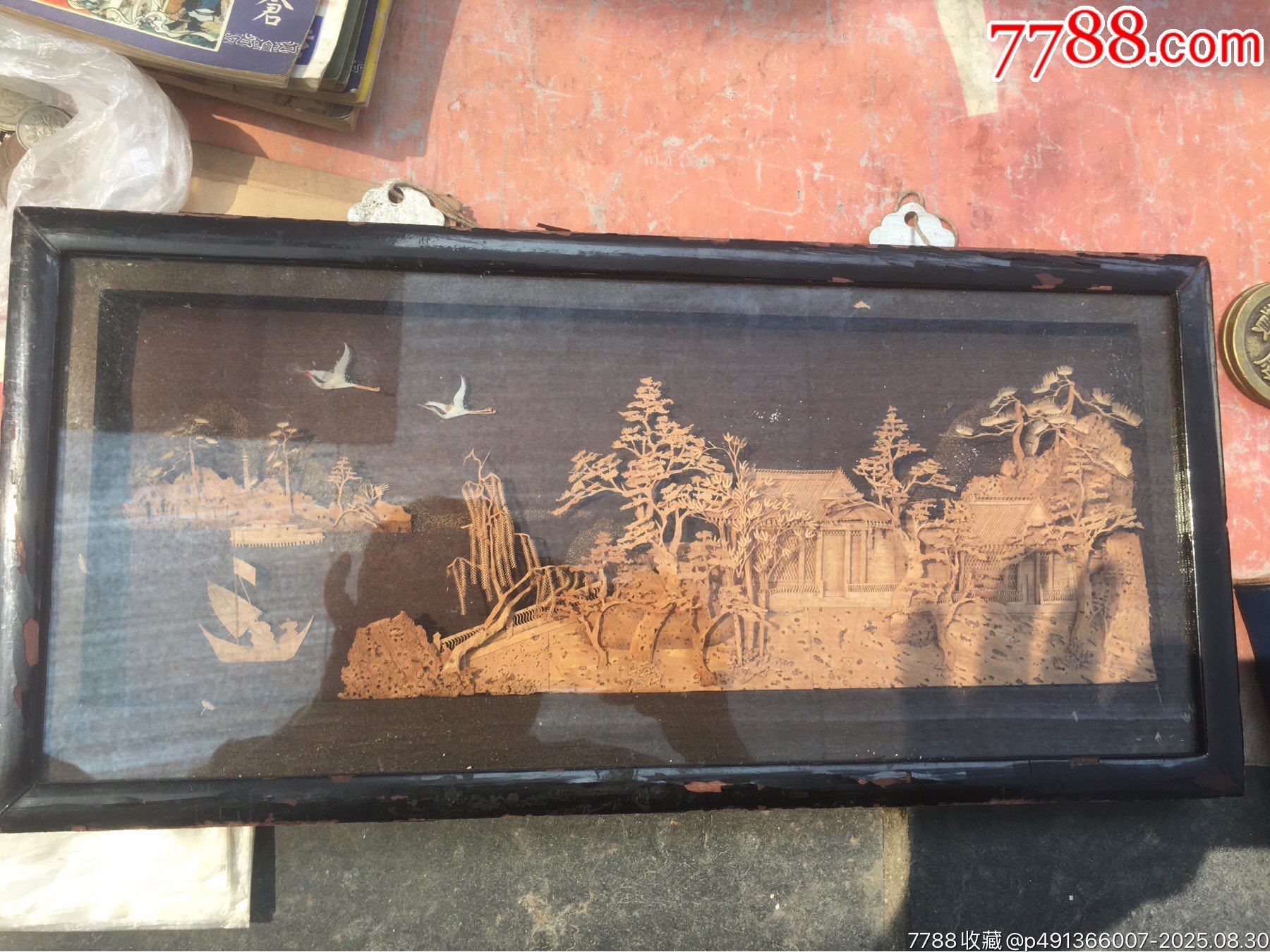 软木雕山水画松鹤图老物件40*20浮雕工艺_软木画_作品欣赏_收藏价值_7788字画网