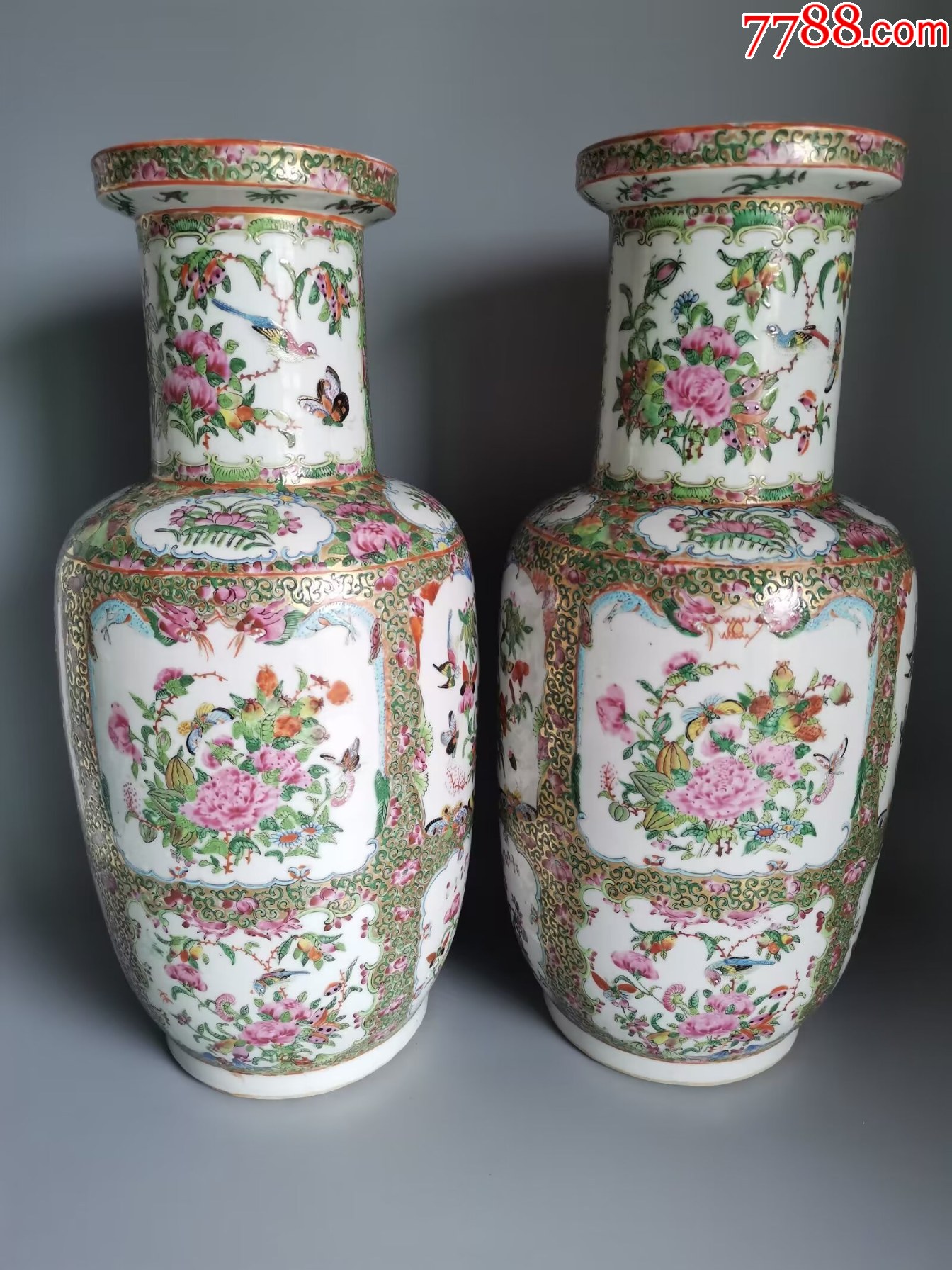晚清广彩开窗花鸟棒槌瓶一对-彩绘瓷/彩瓷-7788烟酒茶牌
