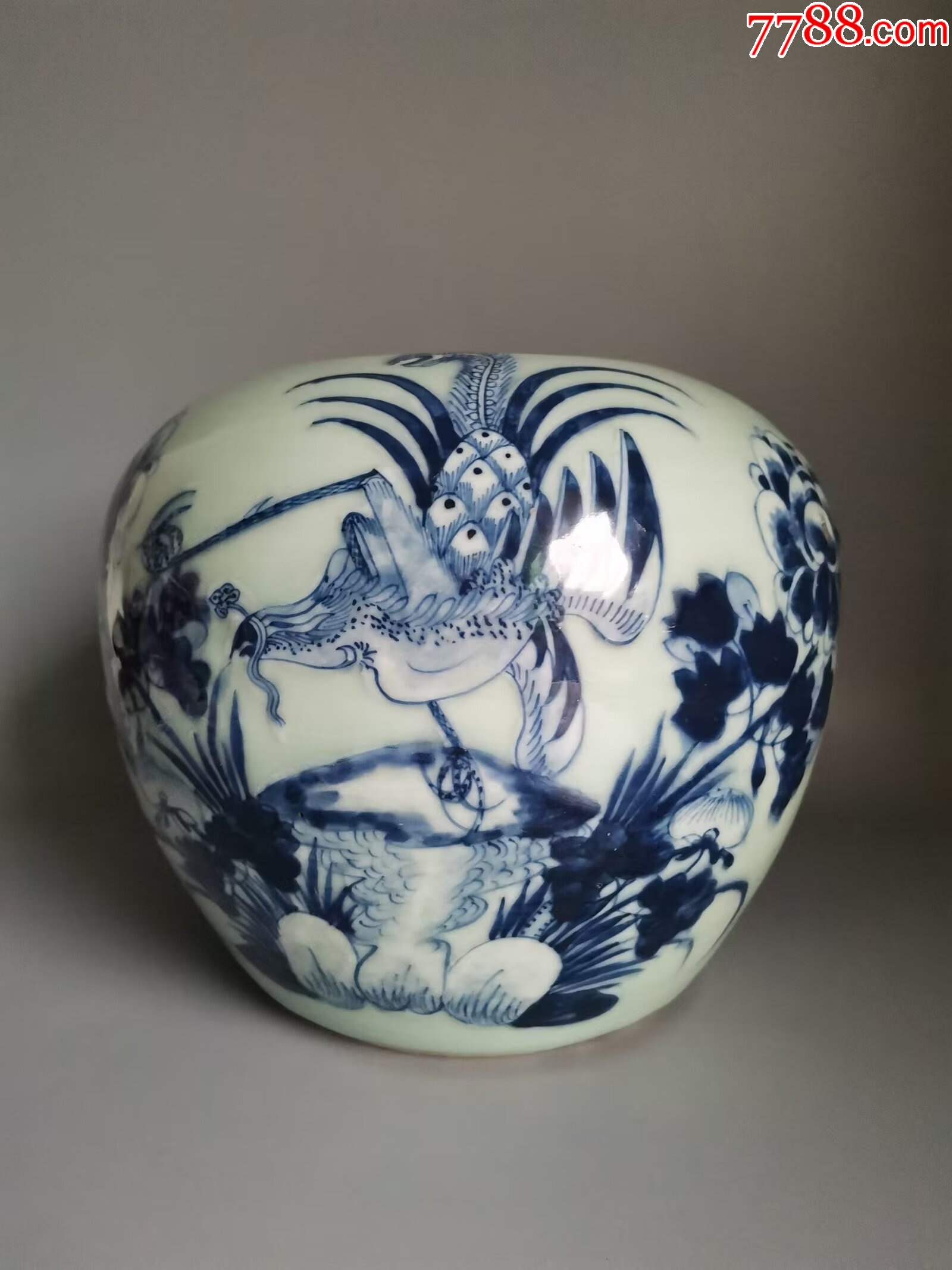 清乾隆豆青釉青花加白凤凰牡丹西瓜罐-青花瓷-7788红宝书