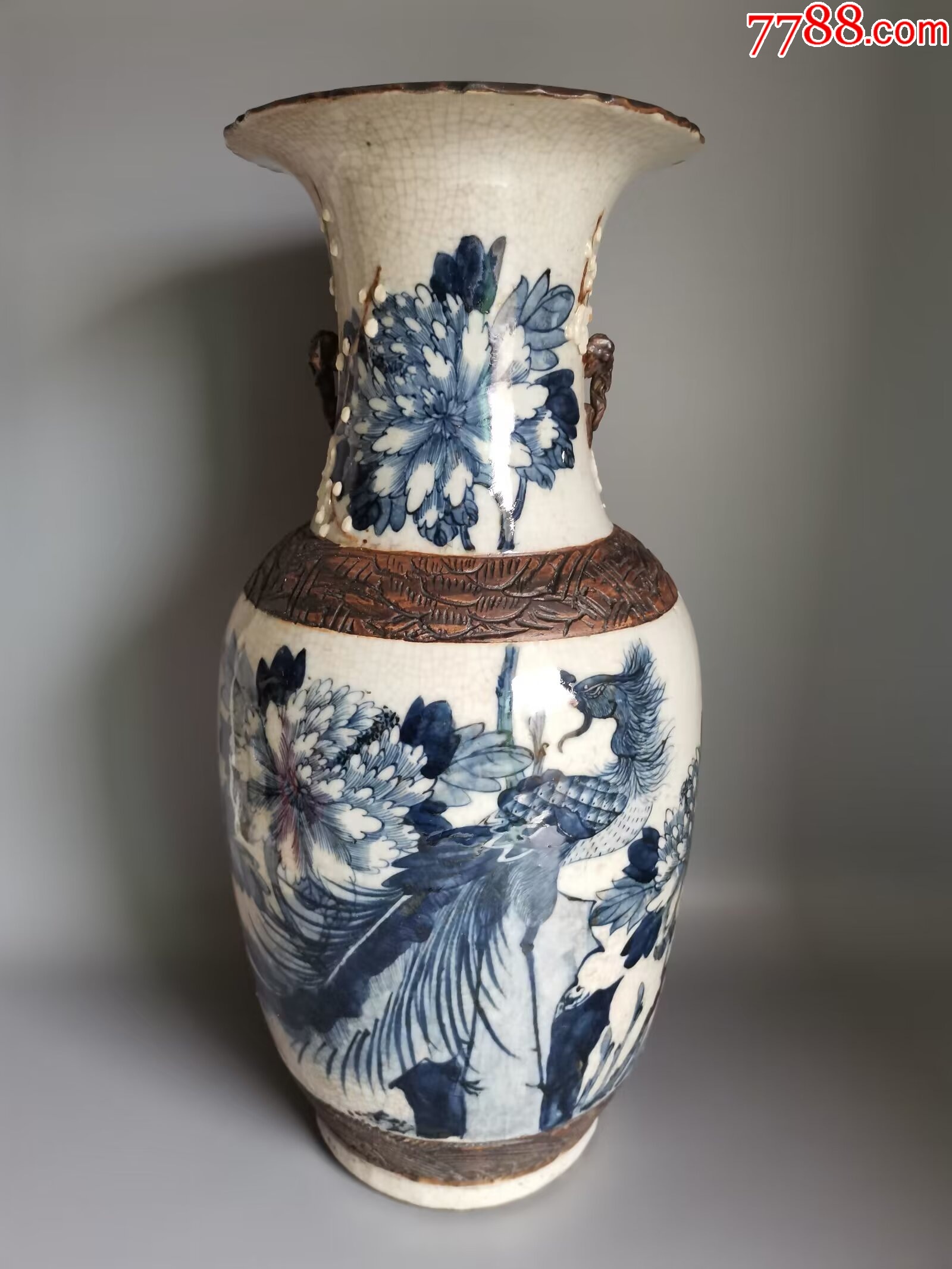 晚清哥釉青花花鸟凤穿牡丹瓶-青花瓷-7788集邮集卡