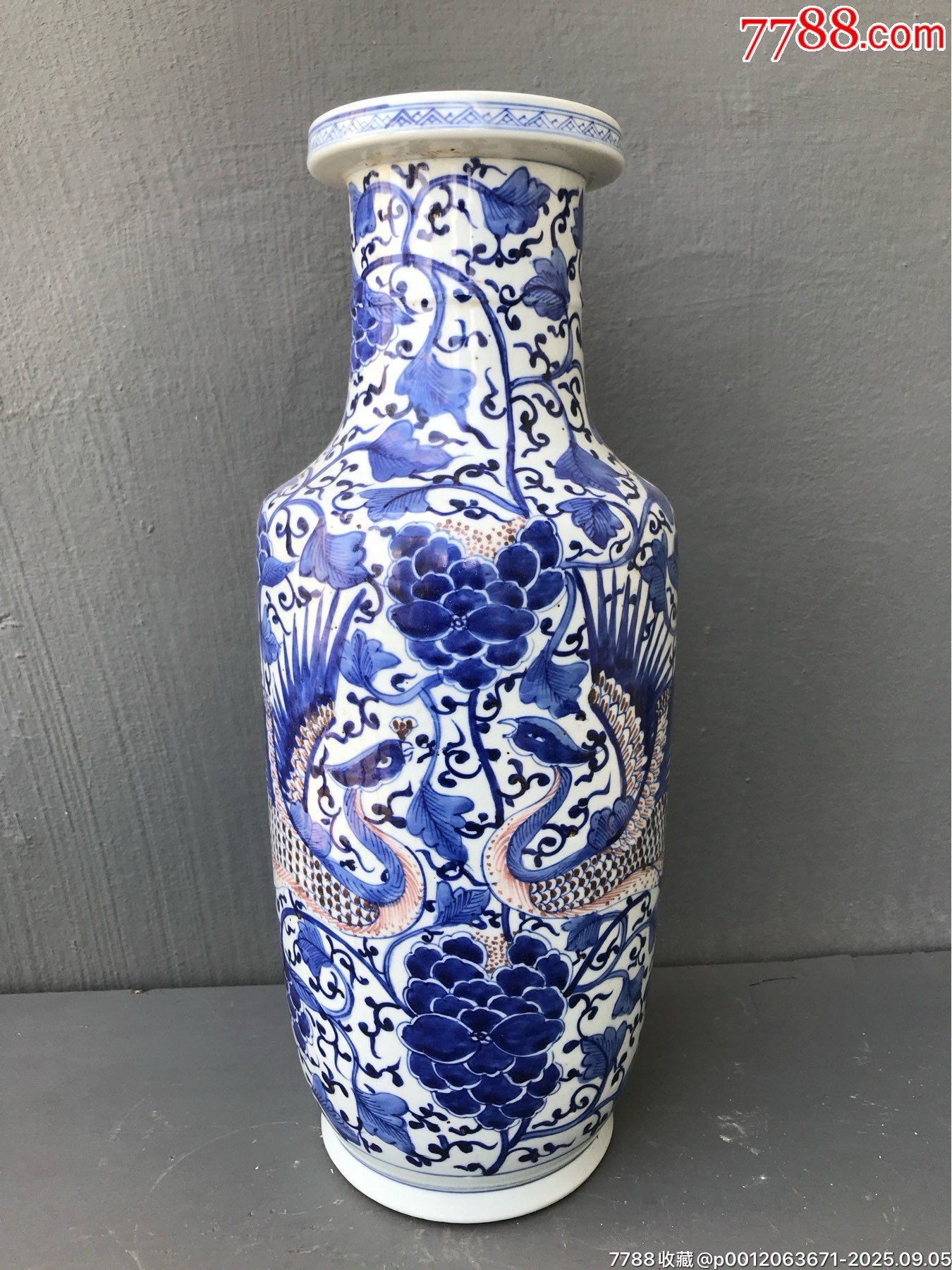 大开门清代青花釉里红凤纹棒槌瓶-青花瓷-7788红宝书