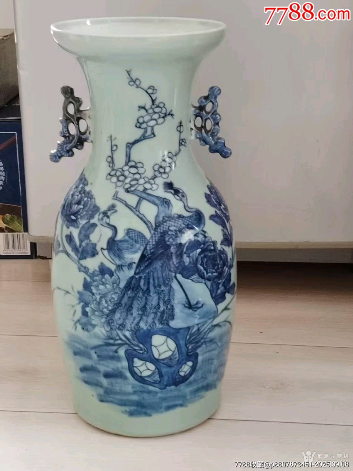 清中期豆青釉手绘双鹤纹青花掸瓶一支_青花瓷_古玩于的店【7788旧书网】