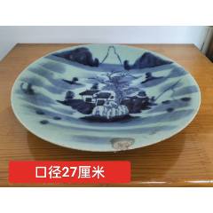 清.豆青釉【青花山水纹大赏盘】（底款成化年制）_青花瓷_路旁小店欢迎