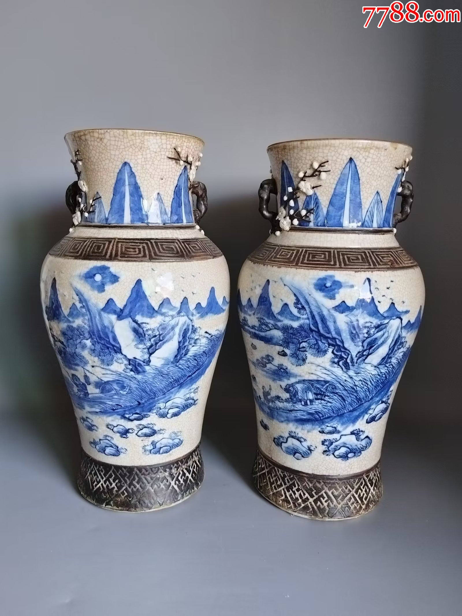 中国 青花 山水人物文 双耳瓶 玉壺春瓶 C 6900 故宮精品