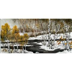 溪月，水墨山水画中堂《溪村飞瀑图》国画书法古玩字画装饰挂画