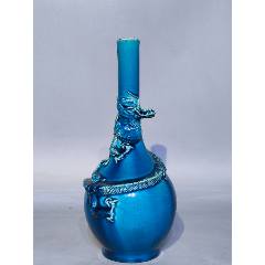 古玩旧藏清代孔雀蓝釉堆塑龙纹瓶_蓝釉瓷_贪睡小企鹅的店【7788旧书网】