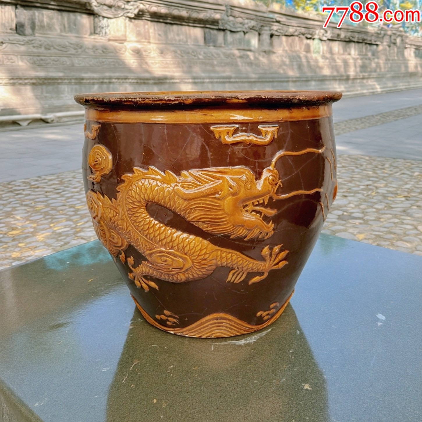 重錦焼 黄釉 赤龍文 水注 时代物 共箱 中国 古美術 收藏品 一拍堂80年代陶器卷缸怀旧老摆件收藏高浮雕双龙戏珠中号花缸酱黄釉陶缸