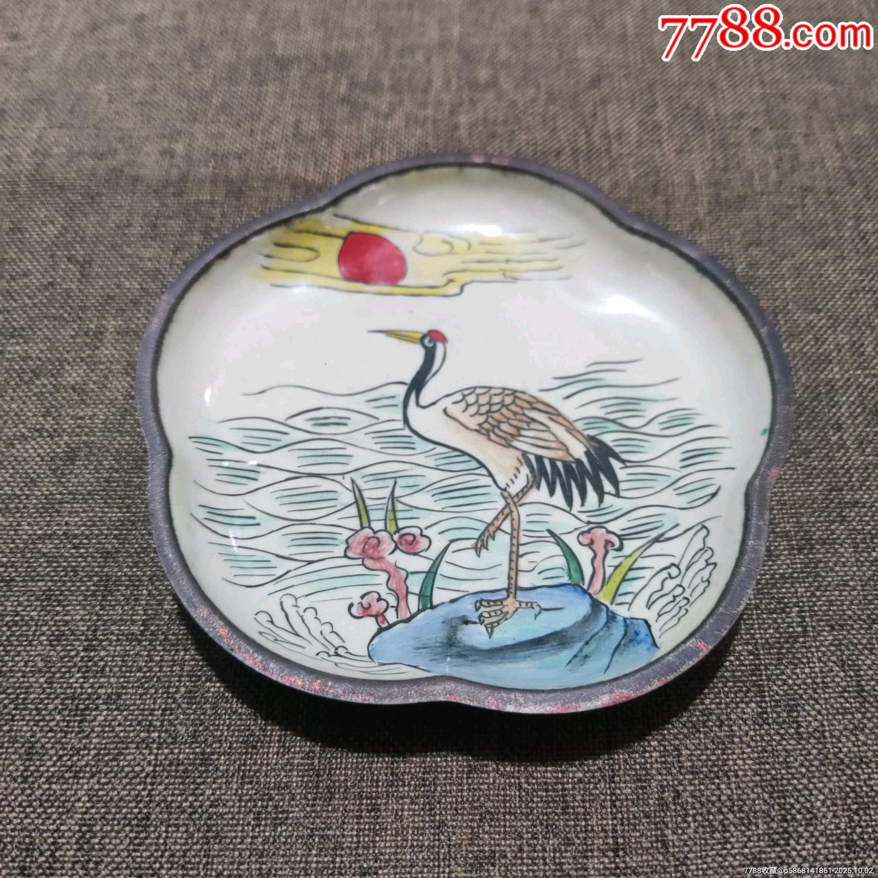 紫铜胎景泰蓝珐琅彩日出东方仙鹤茶盘。不议价-碗/盘/碟-7788葫芦画