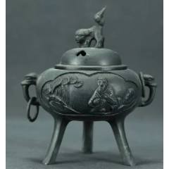 民国老铜瑞兽盖钮三足双耳熏香炉-铜炉-7788旧书网