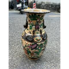 包老清代哥釉五彩刀马人物双狮耳螭龙堆塑大瓶，高35.5_旧瓷器_炳煌堂