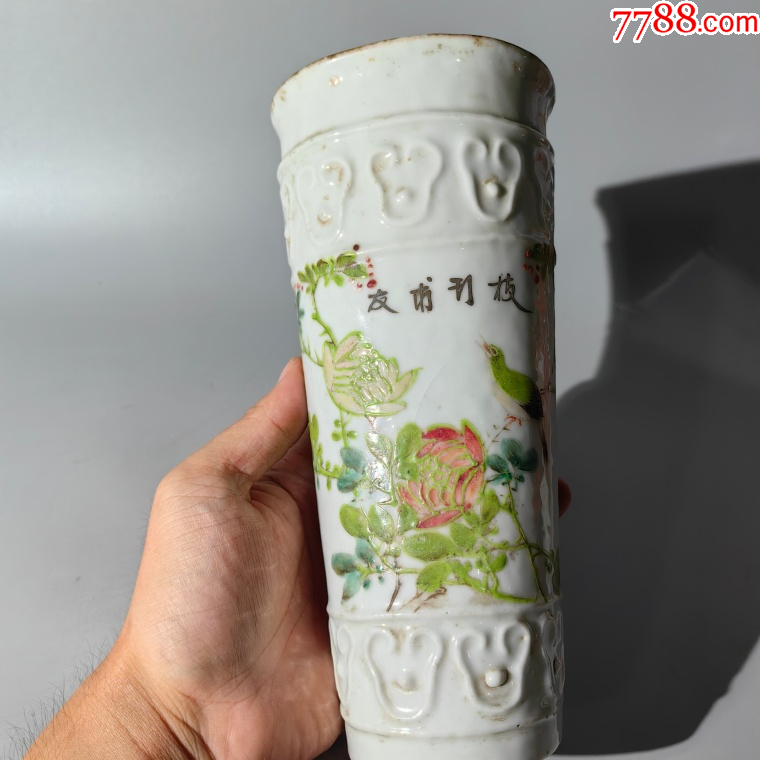 光绪粉彩花鸟大壁挂瓶古玩古董收藏青花粉彩浅绛彩刻瓷单色釉-彩绘瓷/彩