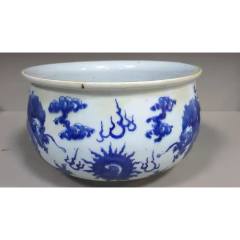 清代青花双龙戏珠大笔洗，口径22x12厘米_青花瓷_炳煌堂【7788挂钟收藏】