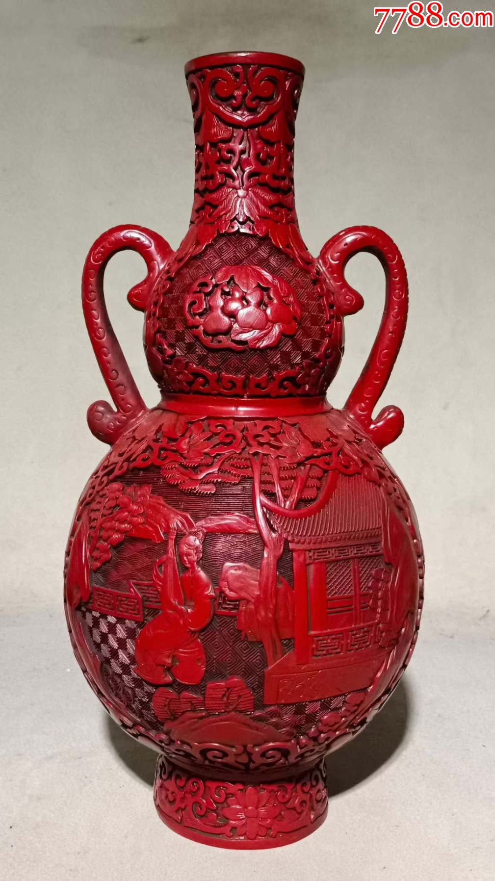 老漆器剔红山水人物纹双耳葫芦瓶，高37.9厘米-漆瓶-7788收藏