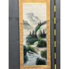 张仁芳，大幅青绿山水中堂《仙山风晴图》国画书法古玩字画。纸本