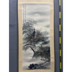 张仁芳，大幅青绿山水中堂《仙山风晴图》国画书法古玩字画。纸本绫裱