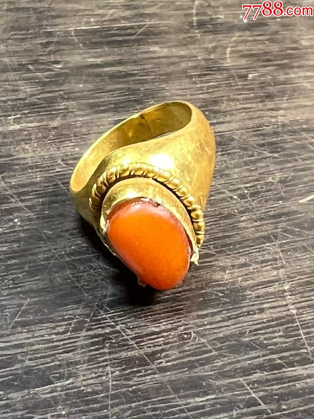 和田玉籽料戒指，铜戒托-和田玉-7788红宝书