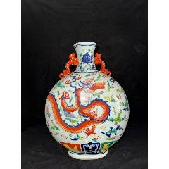 中国　大清乾隆年製　豆彩　花弁文　双耳瓶　V　R7038 中国 大清乾隆年製 豆彩 花弁文 双耳瓶 V R7038 中国