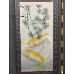 鳥 画賛 紙本掛軸 中国？ 作者不詳 次言？次公筆 秋石，好寓意中堂挂轴《双鲤图》国画书法手绘字画。绢本绫裱画心尺寸