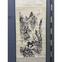 张仁芳，大幅青绿山水中堂《仙山风晴图》国画书法古玩字画。纸本绫裱