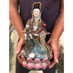 粉彩佛像弥勒佛五六十年代景德镇粉彩佛像五子登科瓷人物瓷笑佛，完整