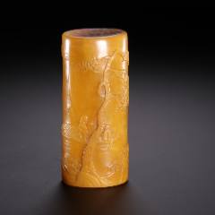 中国　篆刻　玉石田黄石彫刻　山水人物刻　印材　置物　V　7810 精品——田黄石