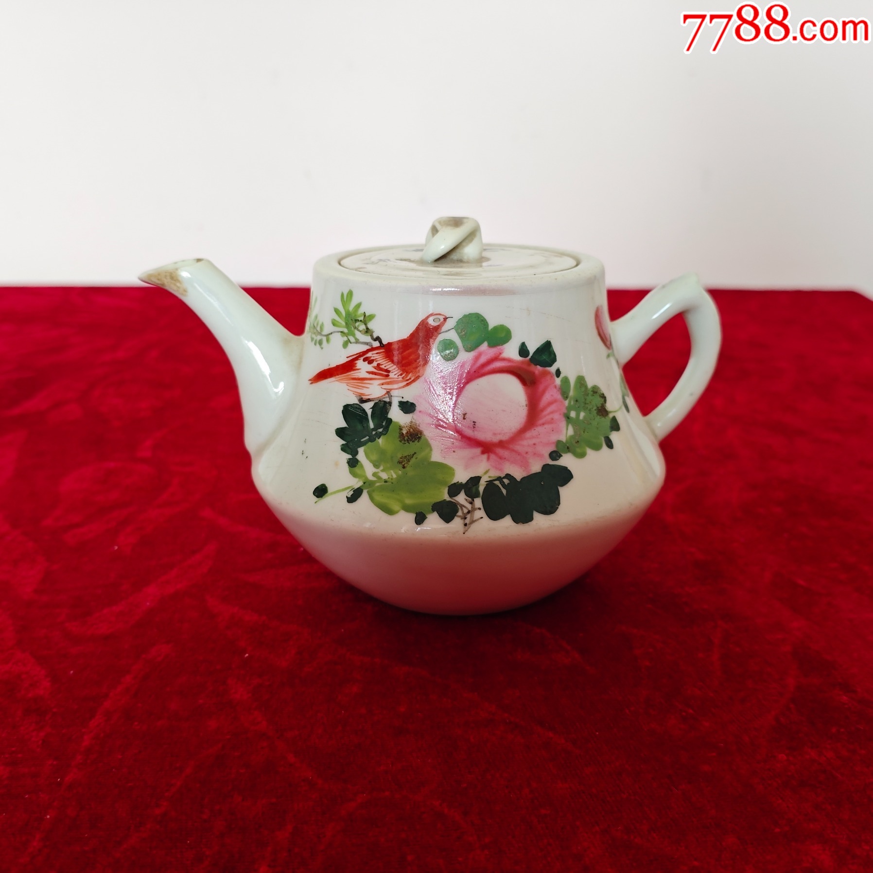 茶壶收藏】民国浅绛彩手绘花鸟画握把茶壶（完美品相）_茶壶_收藏行情_