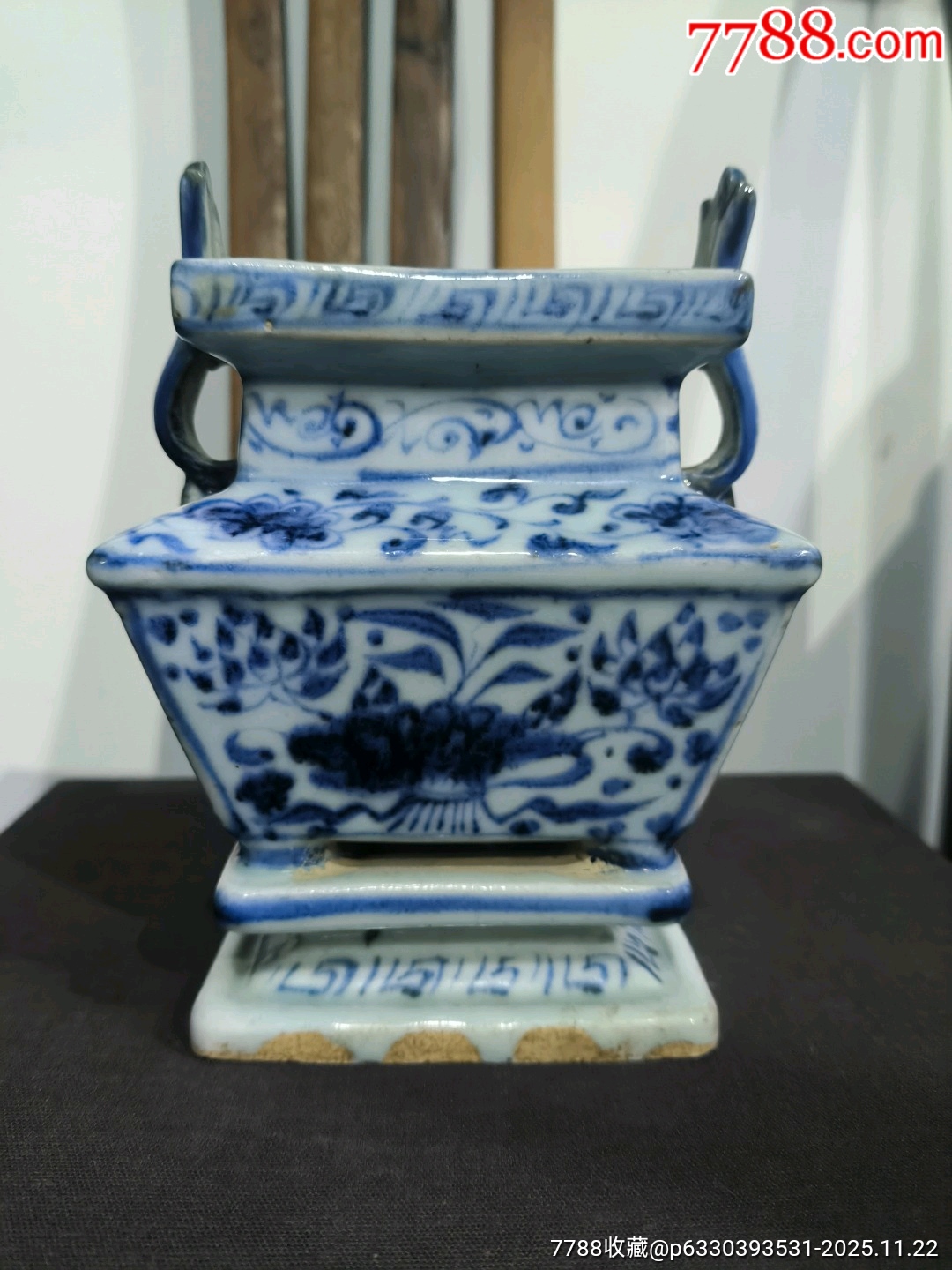 古玩旧藏】元青花一束莲纹四方双耳连座香炉-青花瓷-7788旧书网
